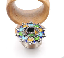 Load image into Gallery viewer, Moroccan Talismanic Berber Silver Enamel and glass cabochon Ring size 10, tribal jewelry, Silver, Ethnic Jewelry, Tribal Jewelry