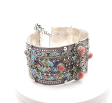 Load image into Gallery viewer, Original Old Kabyle silver enamel red coral cuff bracelet, ethnic tribal, tribal bracelets, jewelry Kabyle, ethnic jewelry, enamel bracelets