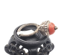 Load image into Gallery viewer, Antique Bawsani Yemen Silver Red Coral Ring size 8 Yemen tribal, tribal jewelry, Hand Crafted Silver, Yemen Jewelry, filigree Jewelry