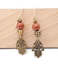 Load image into Gallery viewer, Moroccan Hand of Fatima Hamsa Filigree Earrings brass, Hand of Fatima Jewelry, Dangle & Drop Earrings,