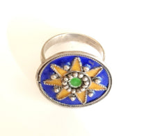 Load image into Gallery viewer, Moroccan Talismanic Berber Silver Enamel Ring size 10, tribal jewelry, Silver, Ethnic Jewelry, Tribal Jewelry