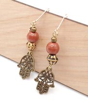 Load image into Gallery viewer, Moroccan Hand of Fatima Hamsa Filigree Earrings brass, Hand of Fatima Jewelry, Dangle & Drop Earrings,