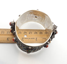 Load image into Gallery viewer, Original Old Kabyle silver enamel red coral cuff bracelet, ethnic tribal, tribal bracelets, jewelry Kabyle, ethnic jewelry, enamel bracelets