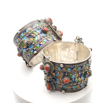 Load image into Gallery viewer, Original Old Kabyle silver enamel red coral cuff bracelet, ethnic tribal, tribal bracelets, jewelry Kabyle, ethnic jewelry, enamel bracelets