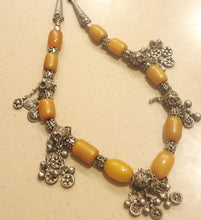 Load image into Gallery viewer, Antique Yemen Silver African amber with Dangle bells Necklace circa 1930s