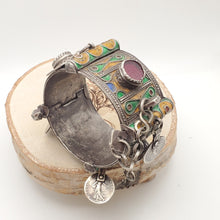 Load image into Gallery viewer, Antique Silver Berber Bracelet: Moroccan Enamel & Glass, Early 19th Century