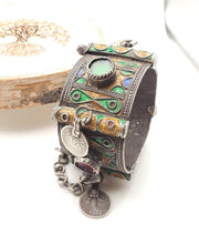 Load image into Gallery viewer, Antique Silver Berber Bracelet: Moroccan Enamel & Glass, Early 19th Century