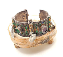 Load image into Gallery viewer, Antique Silver Berber Bracelet: Moroccan Enamel & Glass, Early 19th Century