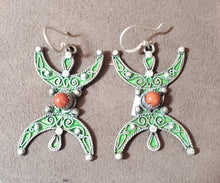 Load image into Gallery viewer, Moroccan Berber Sterling Silver Enamel Earrings: Red Coral Dangle Jewelry
