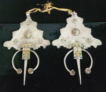 Load image into Gallery viewer, Antique Berber Silver Fibulas: Moroccan Enamel Brooch, Ethnic Jewelry