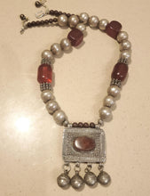 Load image into Gallery viewer, Antique Silver Amulet Necklace: Agate & African Amber, 1910s Bedouin Tribal Jewelry