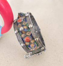 Load image into Gallery viewer, 1930s Kabyle Silver Cuff Bracelet: Enamel & Red Coral Tribal Jewelry