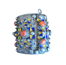 Load image into Gallery viewer, 1930s Algerian Kabyle Silver Cuff Bracelet: Enamel & Red Coral Tribal Jewelry
