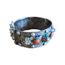 Load image into Gallery viewer, 1930s Kabyle Silver Cuff Bracelet: Enamel & Red Coral Tribal Jewelry