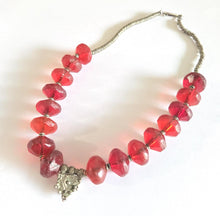 Load image into Gallery viewer, Old Ethiopian Silver Telsum Necklace: Red Vaseline Beads, Amulet Pendant