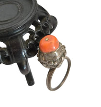 Load image into Gallery viewer, Antique Yemen Silver Coral Ring: Bawsani Tribal Jewelry, Size 7.5
