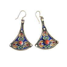 Load image into Gallery viewer, Moroccan Berber Earrings: Blue Enamel, Red Coral, Sterling Silver