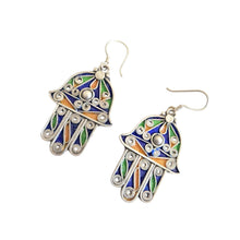 Load image into Gallery viewer, Moroccan Hamsa Enamel Earrings: Sterling Silver 925, Berber Tribal Jewelry
