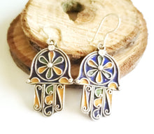 Load image into Gallery viewer, Moroccan Hand of Fatima Hamsa blue Enamel Earrings sterling silver 925,Hand of Fatima Jewelry,sliver Earrings,Dangle & Drop Earrings,
