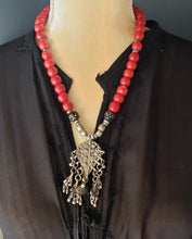 Load image into Gallery viewer, Antique Yemen silver Dangle Filigree Red Beads Necklace,trade beads, Ethiopian necklace, Ethiopian trade beads, Filigree Necklace