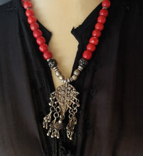 Load image into Gallery viewer, Antique Yemen silver Dangle Filigree Red Beads Necklace,trade beads, Ethiopian necklace, Ethiopian trade beads, Filigree Necklace