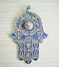 Load image into Gallery viewer, Moroccan Huge Enamel Silver Hand of Fatima Hamsa Pendant Amulet,Berber Jewelry, Enamel Jewelry,Moroccan Jewelry,Hand of Fatima Charm,