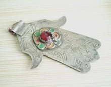 Load image into Gallery viewer, Moroccan Old Silver & Enamel Hand of Fatima Hamsa Pendant Amulet,Berber Jewelry,African Jewelry,Moroccan Jewelry,Hand of Fatima Charm,