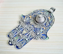 Load image into Gallery viewer, Moroccan Huge Enamel Silver Hand of Fatima Hamsa Pendant Amulet,Berber Jewelry, Enamel Jewelry,Moroccan Jewelry,Hand of Fatima Charm,