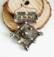 Load image into Gallery viewer, Moroccan Huge Old Enamel Silver Cross Pendant ,silver 925,Moroccan Amulet ,Cross Jewelry,Enamel Jewelry,Berber Pendant,