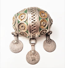 Load image into Gallery viewer, Antique Moroccan Enameled Silver Ball Pendent with Coin PendantHand Crafted Silver,Pendants Necklace,Ethnic Jewelry,Tribal Jewelry