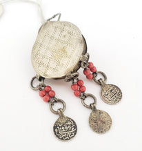 Load image into Gallery viewer, antique Moroccan silver chased circular talisman box three pendants, Berber Amulet,Berber Jewelry,African Jewelry,Charm Pendant,