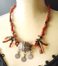 Load image into Gallery viewer, Antique Moroccan Red Coral Silver Enameled Ball Pendent with Coin necklace ,Berber Necklaces,Ethnic Jewelry,Tribal Jewelry