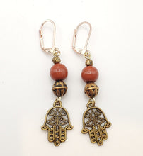 Load image into Gallery viewer, Moroccan Hand of Fatima Hamsa Filigree Earrings brass, Hand of Fatima Jewelry, Dangle &amp; Drop Earrings,
