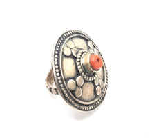 Load image into Gallery viewer, Antique Bawsani Yemen Silver Red Coral Ring size 7 Yemen tribal silver, tribal jewelry, Hand Crafted Silver, Yemen Jewelry, filigree Jewelry

