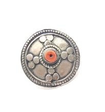 Load image into Gallery viewer, Antique Bawsani Yemen Silver Red Coral Ring size 7 Yemen tribal silver, tribal jewelry, Hand Crafted Silver, Yemen Jewelry, filigree Jewelry
