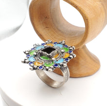 Load image into Gallery viewer, Moroccan Talismanic Berber Silver Enamel and glass cabochon Ring size 10, tribal jewelry, Silver, Ethnic Jewelry, Tribal Jewelry
