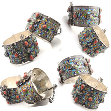 Load image into Gallery viewer, Original Old Kabyle silver enamel red coral cuff bracelet, ethnic tribal, tribal bracelets, jewelry Kabyle, ethnic jewelry, enamel bracelets
