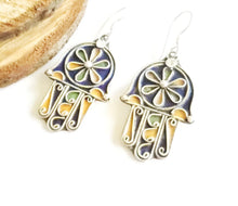 Load image into Gallery viewer, Moroccan Hand of Fatima Hamsa blue Enamel Earrings sterling silver 925,Hand of Fatima Jewelry,sliver Earrings,Dangle &amp; Drop Earrings,
