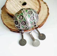 Load image into Gallery viewer, Antique Moroccan Enameled Silver Ball Pendent with Coin Pendants,Hand Crafted Silver,Pendants Necklace,Ethnic Jewelry,Tribal Jewelry
