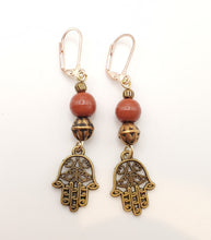 Load image into Gallery viewer, Moroccan Hand of Fatima Hamsa Filigree Earrings brass, Hand of Fatima Jewelry, Dangle &amp; Drop Earrings,

