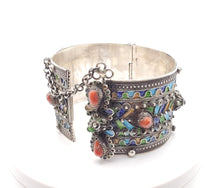 Load image into Gallery viewer, Original Old Kabyle silver enamel red coral cuff bracelet, ethnic tribal, tribal bracelets, jewelry Kabyle, ethnic jewelry, enamel bracelets

