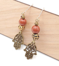 Load image into Gallery viewer, Moroccan Hand of Fatima Hamsa Filigree Earrings brass, Hand of Fatima Jewelry, Dangle &amp; Drop Earrings,
