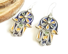 Load image into Gallery viewer, Moroccan Hand of Fatima Hamsa blue Enamel Earrings sterling silver 925,Hand of Fatima Jewelry,sliver Earrings,Dangle &amp; Drop Earrings,

