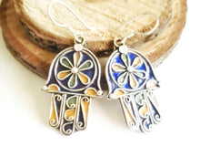 Load image into Gallery viewer, Moroccan Hand of Fatima Hamsa blue Enamel Earrings sterling silver 925,Hand of Fatima Jewelry,sliver Earrings,Dangle &amp; Drop Earrings,
