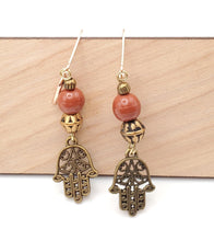 Load image into Gallery viewer, Moroccan Hand of Fatima Hamsa Filigree Earrings brass, Hand of Fatima Jewelry, Dangle &amp; Drop Earrings,
