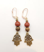 Load image into Gallery viewer, Moroccan Hand of Fatima Hamsa Filigree Earrings brass, Hand of Fatima Jewelry, Dangle &amp; Drop Earrings,
