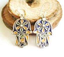 Load image into Gallery viewer, Moroccan Hand of Fatima Hamsa blue Enamel Earrings sterling silver 925,Hand of Fatima Jewelry,sliver Earrings,Dangle &amp; Drop Earrings,
