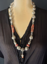 Load image into Gallery viewer, Antique Yemen Bawsani Coral Silver Necklace: Filigree Tribal Jewelry
