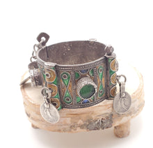 Load image into Gallery viewer, Antique Silver Berber Bracelet: Moroccan Enamel &amp; Glass, Early 19th Century
