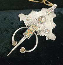 Load image into Gallery viewer, Antique Berber Silver Fibulas: Moroccan Enamel Brooch, Ethnic Jewelry
